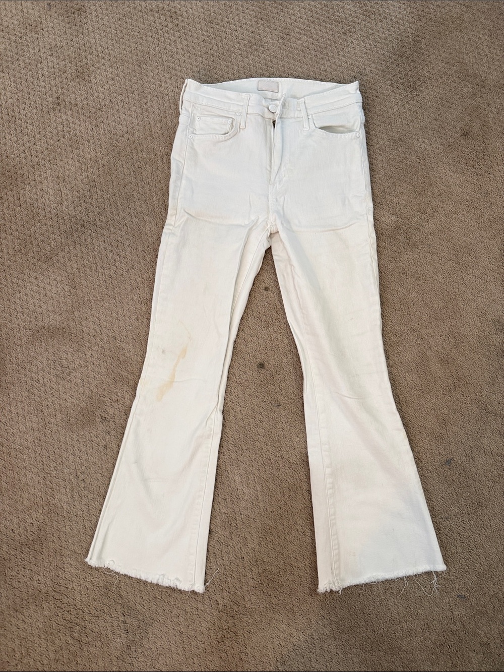 mother denim weekender white denim - stain but can be bleached and priced well